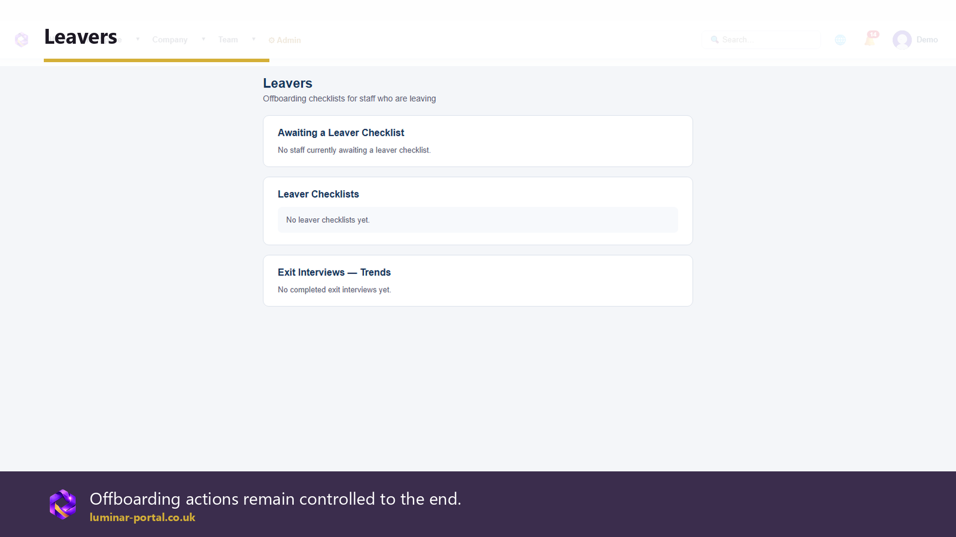 Leaver workflows keep offboarding actions controlled to the end.