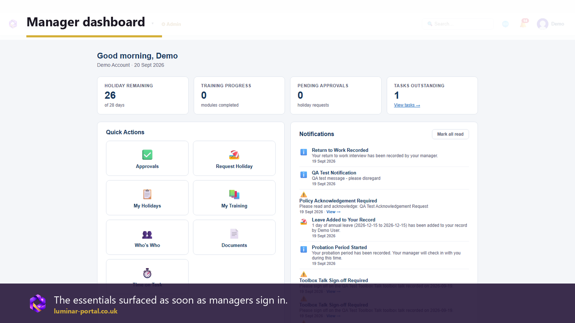 The manager dashboard surfaces essentials as soon as managers sign in.