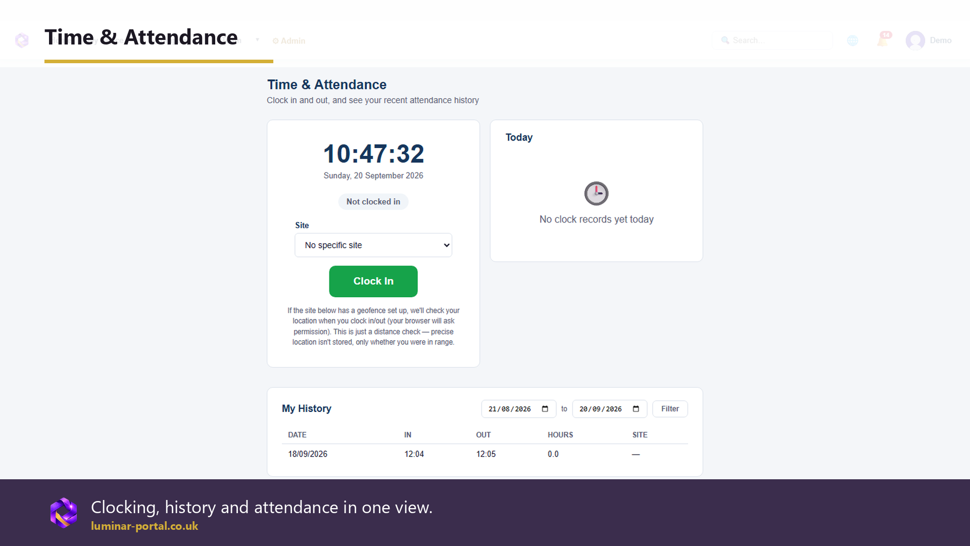 Time and attendance gives employees a clear clocking view.
