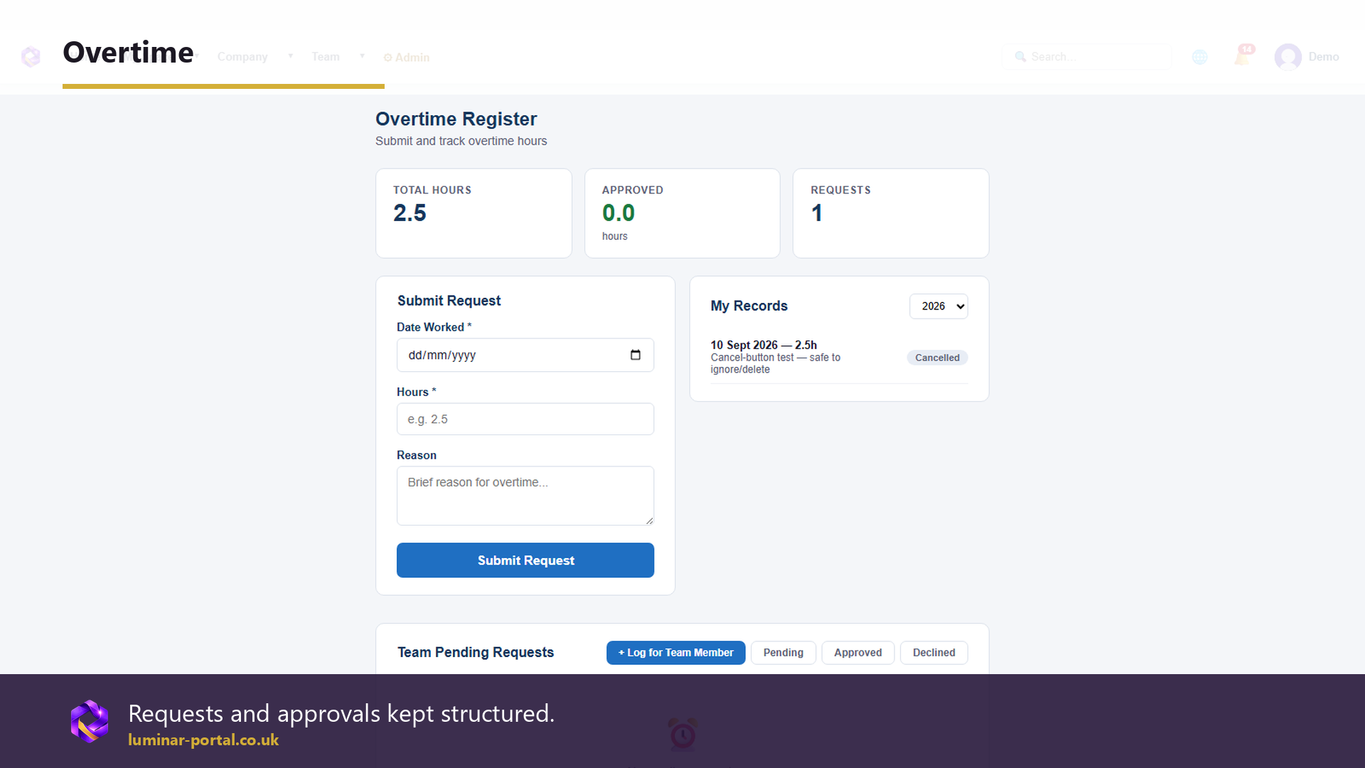 Overtime requests and approvals stay structured.